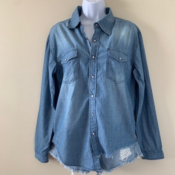 Revolve One Teaspoon Denim Button Down Shirt Chambray Frayed Blue Size XS - Picture 13 of 16